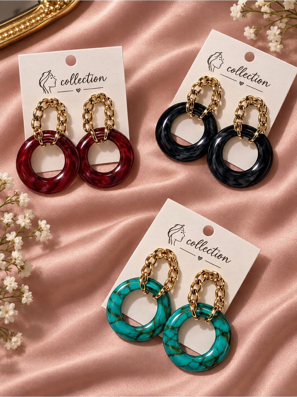 Gold Chain Hoop Earrings – Red, Black & Turquois